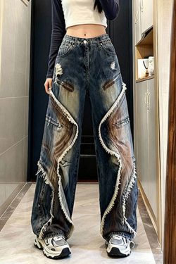 Chic Blue Tasseled Pockets Patchwork Denim Wide Leg Pants Spring