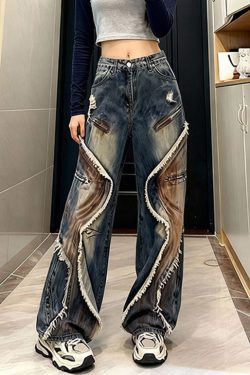 Chic Blue Tasseled Pockets Patchwork Denim Wide Leg Pants Spring