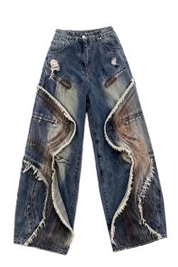 Chic Blue Tasseled Pockets Patchwork Denim Wide Leg Pants Spring