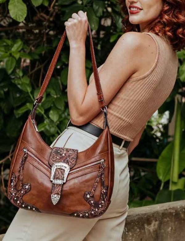 Chic Brown Appliqued Rivet Faux Leather Shoulder Bags