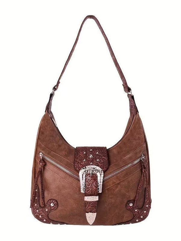 Chic Brown Appliqued Rivet Faux Leather Shoulder Bags
