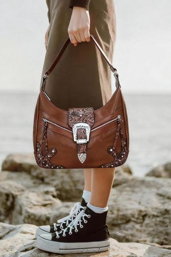 Chic Brown Appliqued Rivet Faux Leather Shoulder Bags