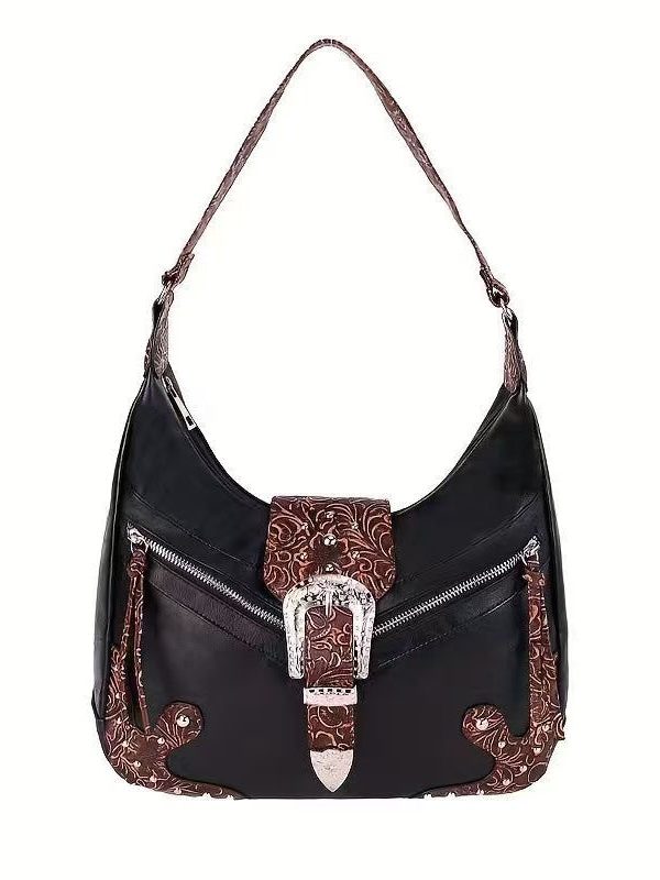 Chic Brown Appliqued Rivet Faux Leather Shoulder Bags