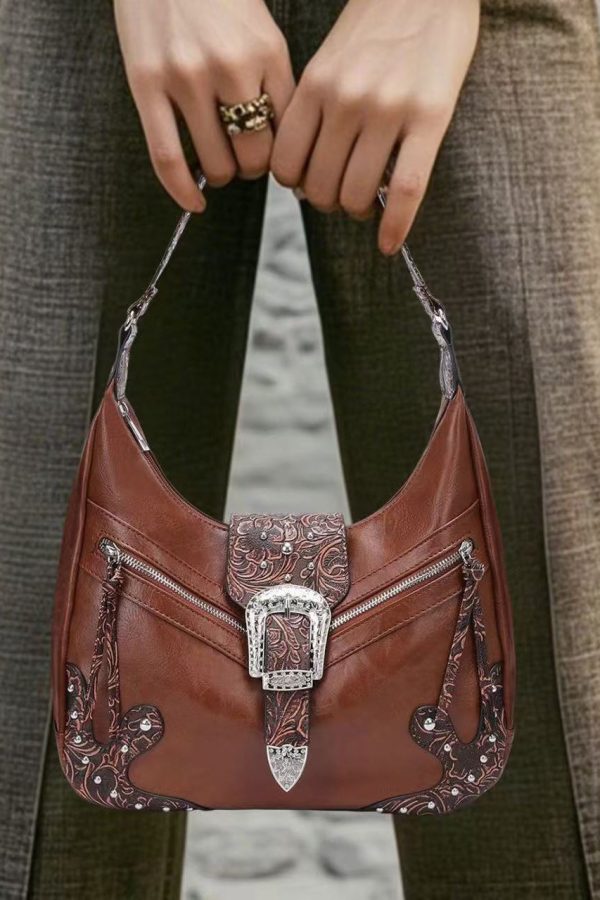 Chic Brown Appliqued Rivet Faux Leather Shoulder Bags