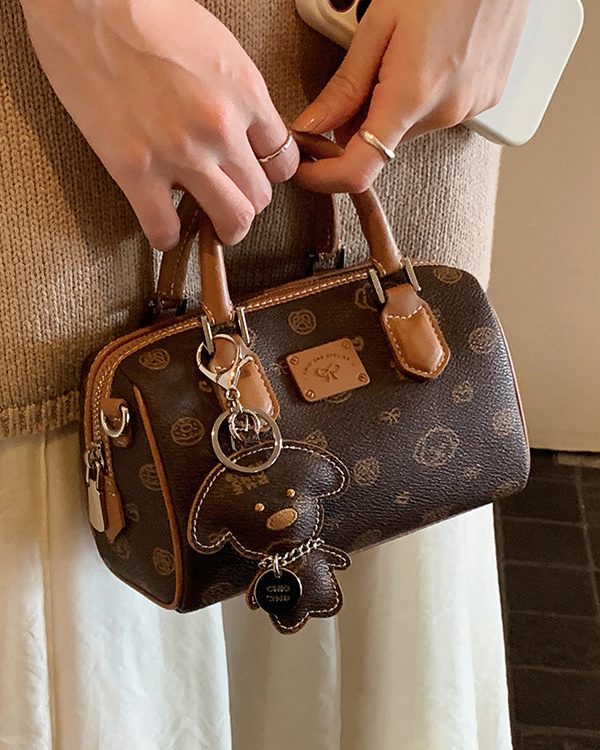 Chic Brown Cartoon Print Faux Leather Tote Handbag