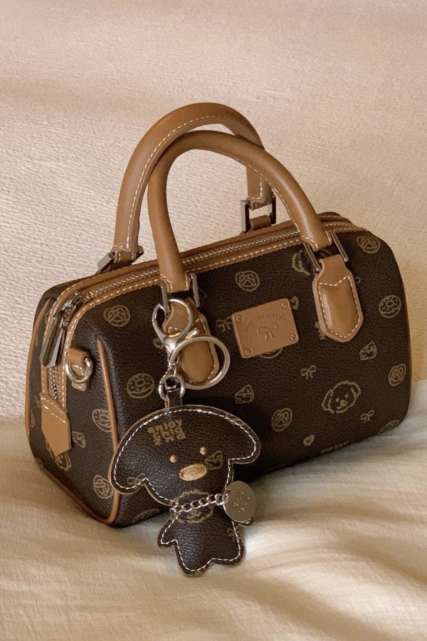 Chic Brown Cartoon Print Faux Leather Tote Handbag