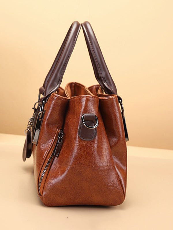 Chic Brown Chain Linked Faux Leather Tote Handbag