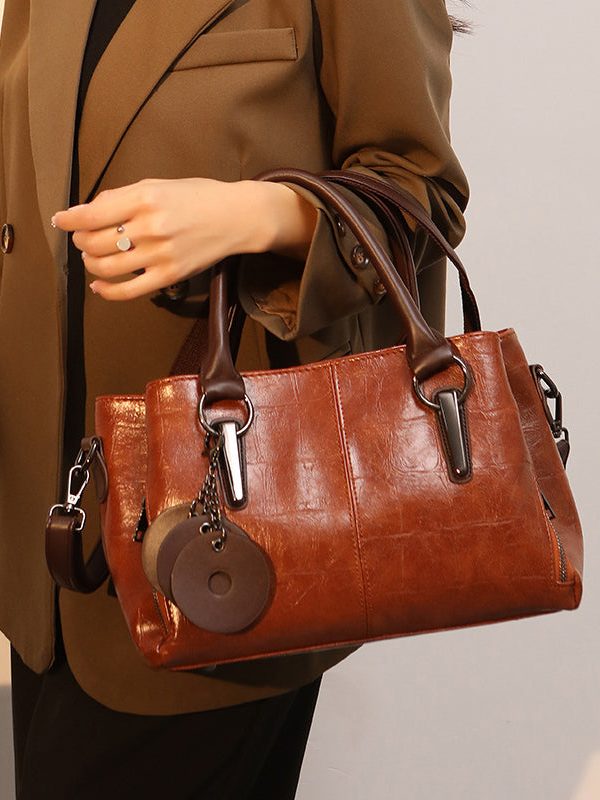 Chic Brown Chain Linked Faux Leather Tote Handbag