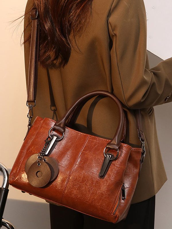 Chic Brown Chain Linked Faux Leather Tote Handbag
