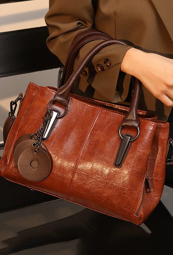 Chic Brown Chain Linked Faux Leather Tote Handbag