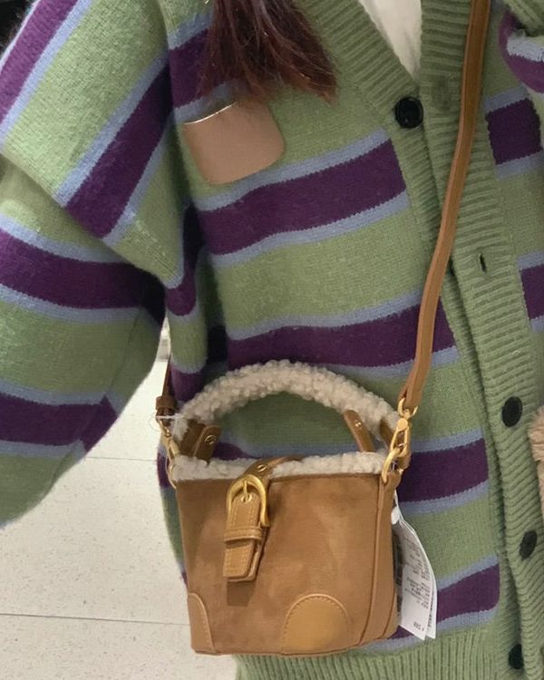 Chic Brown Faux Fur Patchwork Suede Bucket Bag