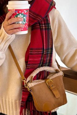 Chic Brown Faux Fur Patchwork Suede Bucket Bag