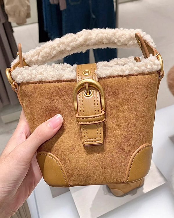 Chic Brown Faux Fur Patchwork Suede Bucket Bag