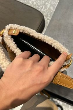 Chic Brown Faux Fur Patchwork Suede Bucket Bag