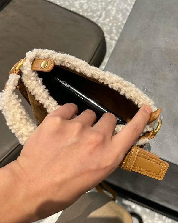 Chic Brown Faux Fur Patchwork Suede Bucket Bag