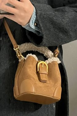 Chic Brown Faux Fur Patchwork Suede Bucket Bag