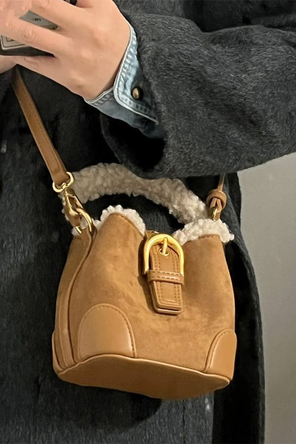 Chic Brown Faux Fur Patchwork Suede Bucket Bag