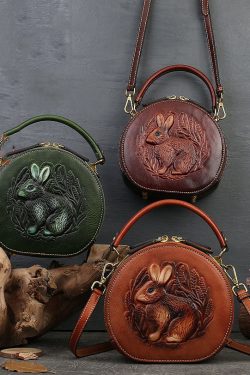 Chic Brown Rabbit Jacquard Circular Calf Leather Satchel Handbag