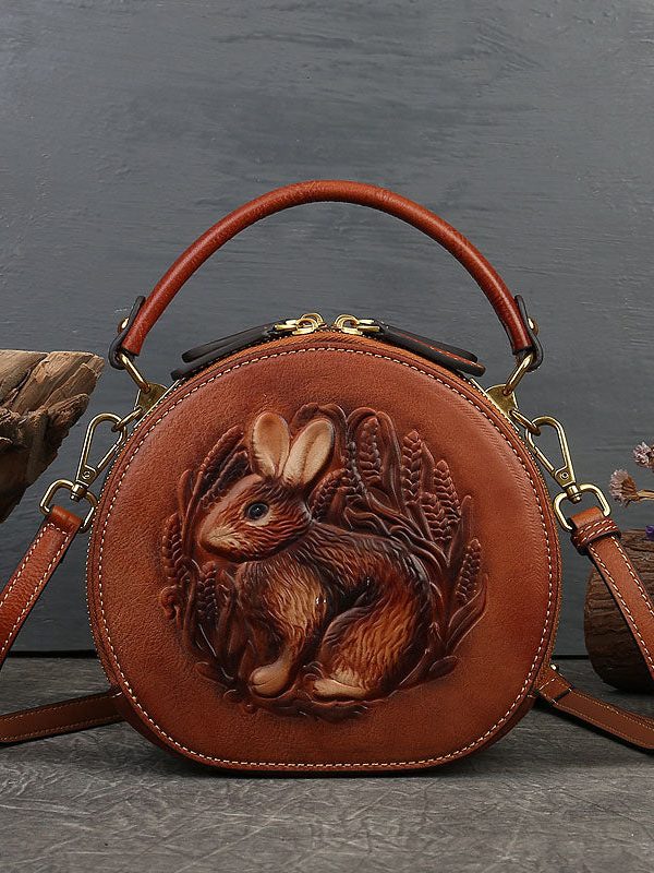 Chic Brown Rabbit Jacquard Circular Calf Leather Satchel Handbag