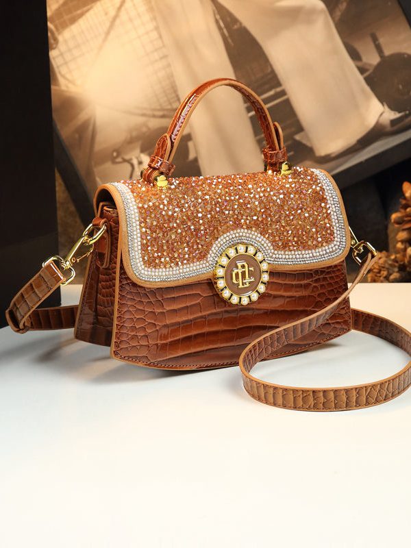 Chic Brown Zircon Durable Calf Leather Messenger Bag