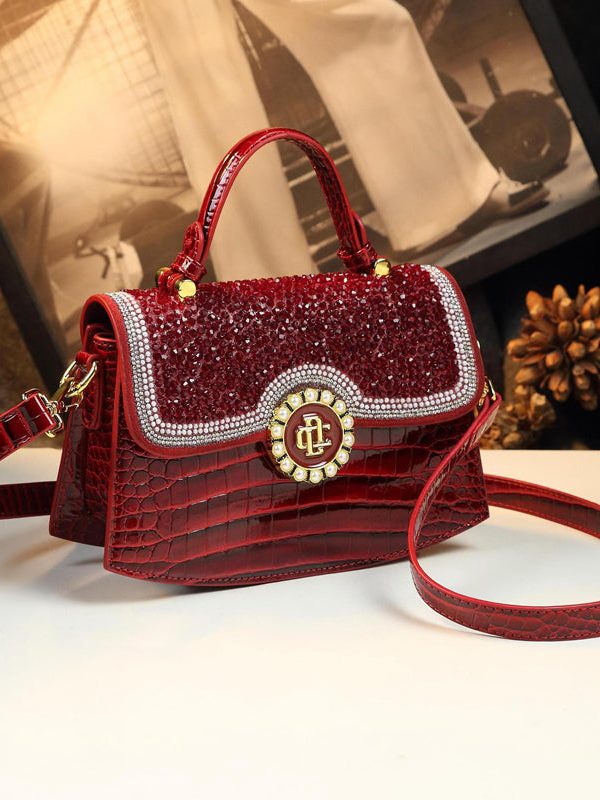 Chic Brown Zircon Durable Calf Leather Messenger Bag