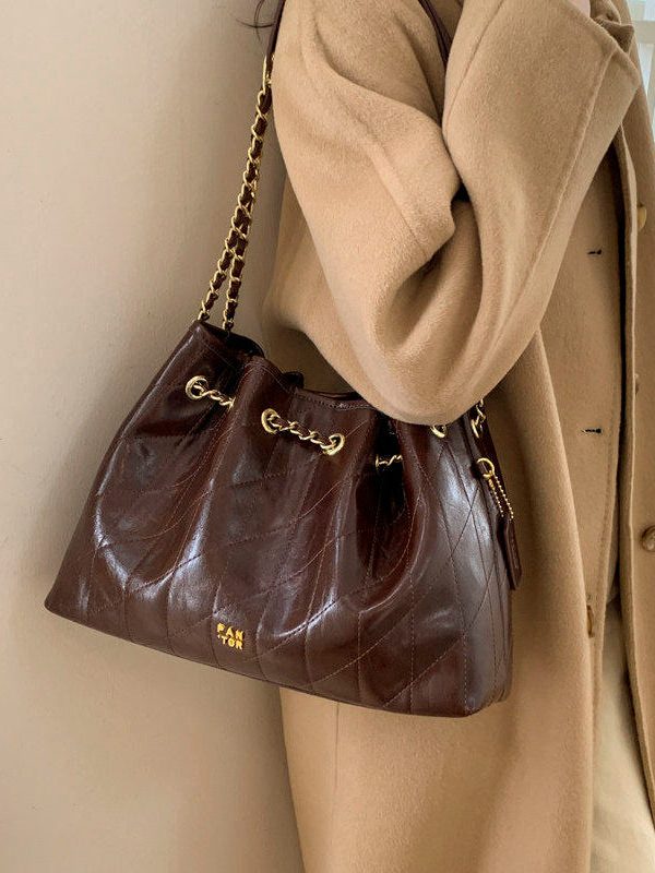 Chic Chocolate Plaid Large Capacity Faux Leather Flap Bag