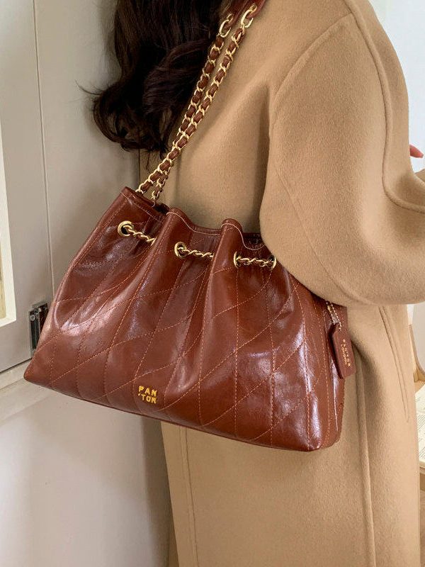 Chic Chocolate Plaid Large Capacity Faux Leather Flap Bag