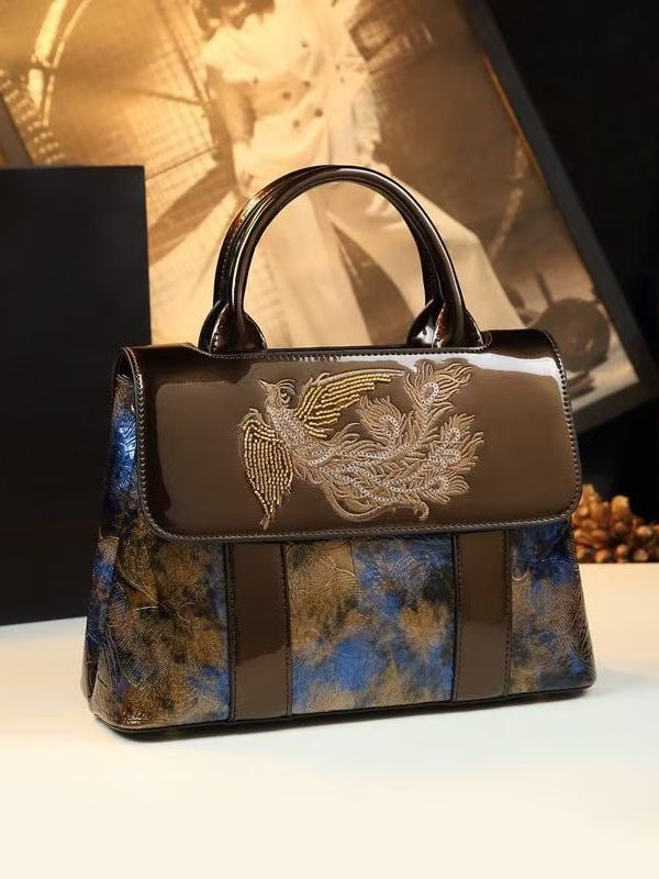 Chic Coffee Blue Phoenix Embroideried Calf Leather Tote Handbag