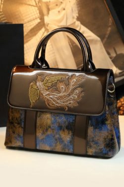 Chic Coffee Blue Phoenix Embroideried Calf Leather Tote Handbag