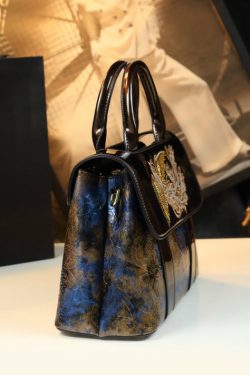 Chic Coffee Blue Phoenix Embroideried Calf Leather Tote Handbag
