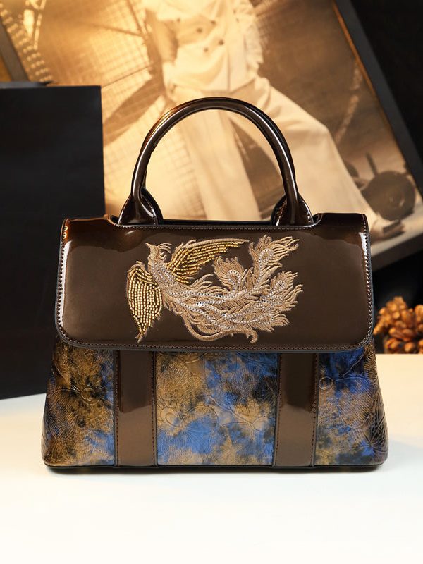 Chic Coffee Blue Phoenix Embroideried Calf Leather Tote Handbag
