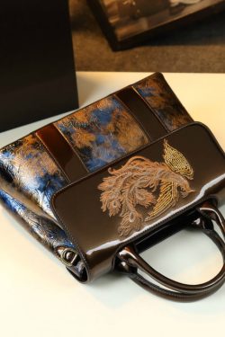 Chic Coffee Blue Phoenix Embroideried Calf Leather Tote Handbag