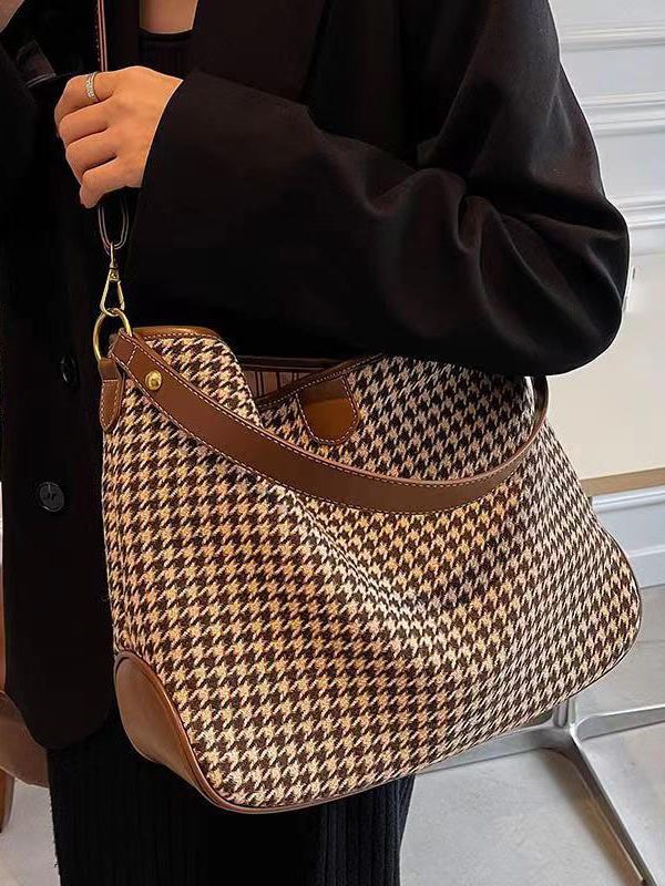 Chic Coffee Plaid Woolen Large Capacity Satchel Handbag