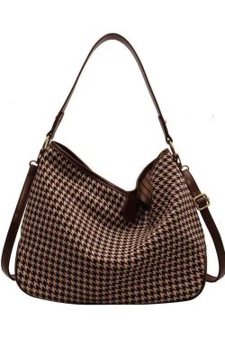 Chic Coffee Plaid Woolen Large Capacity Satchel Handbag