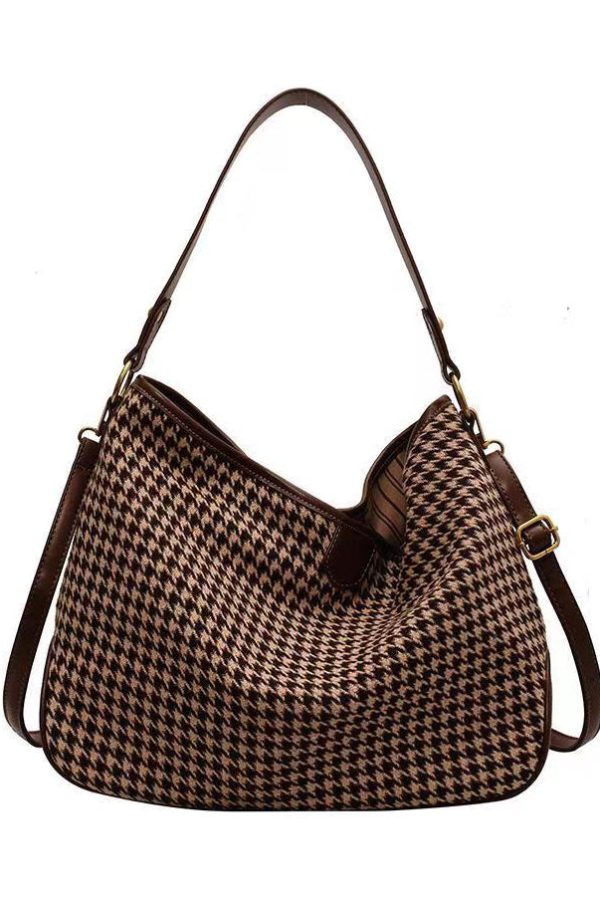 Chic Coffee Plaid Woolen Large Capacity Satchel Handbag