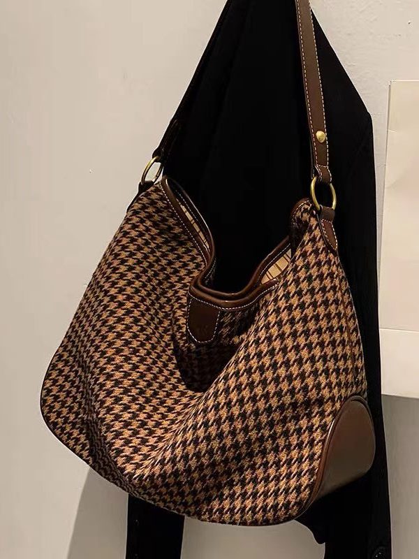 Chic Coffee Plaid Woolen Large Capacity Satchel Handbag