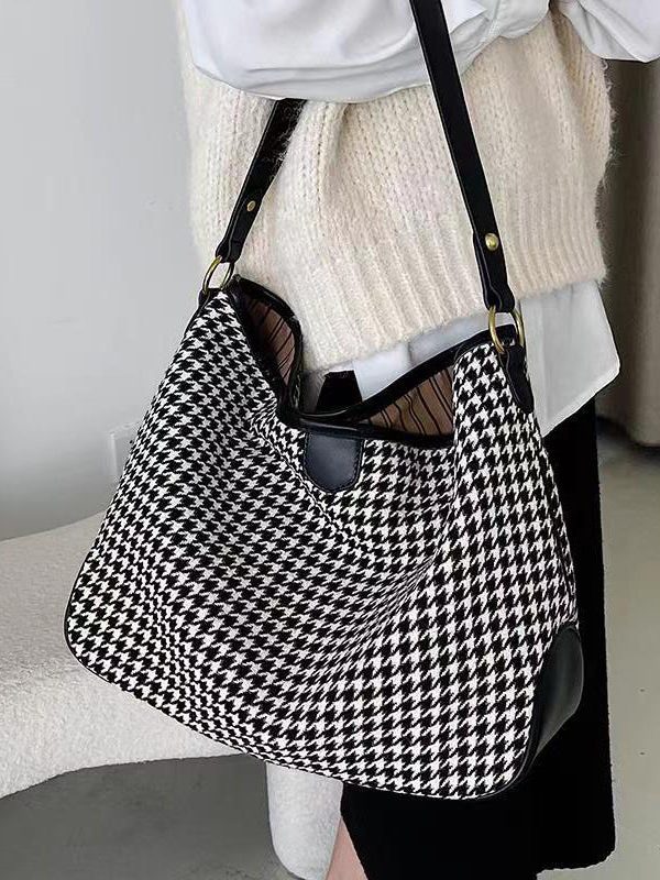 Chic Coffee Plaid Woolen Large Capacity Satchel Handbag