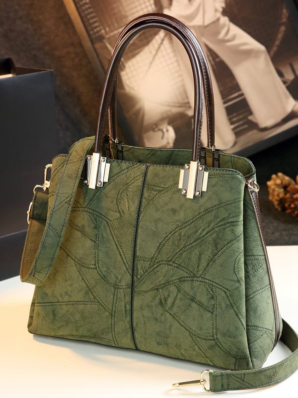 Chic Green Jacquard Large Capacity Faux Leather Tote Handbag