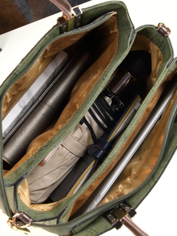 Chic Green Jacquard Large Capacity Faux Leather Tote Handbag