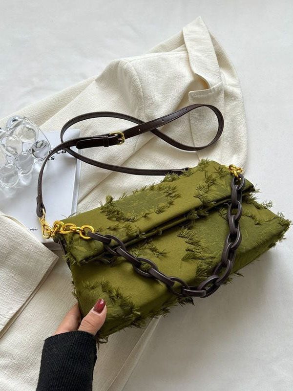 Chic Green Tassel Patchwork Chain Canvas Messenger Bag