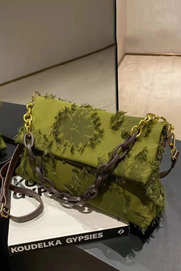 Chic Green Tassel Patchwork Chain Canvas Messenger Bag