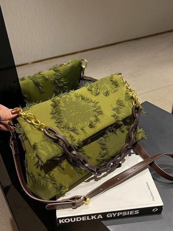Chic Green Tassel Patchwork Chain Canvas Messenger Bag