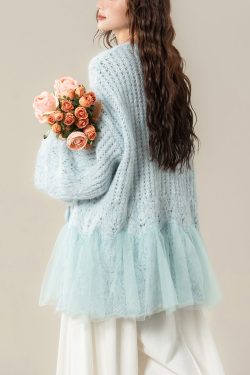 Chic Light Blue Hollow Out Butterfly Tulle Patchwork Knit Sweater Spring