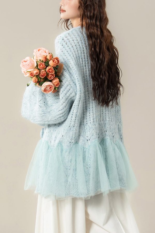 Chic Light Blue Hollow Out Butterfly Tulle Patchwork Knit Sweater Spring