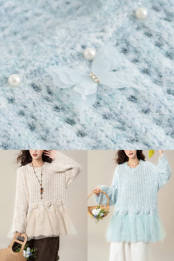 Chic Light Blue Hollow Out Butterfly Tulle Patchwork Knit Sweater Spring