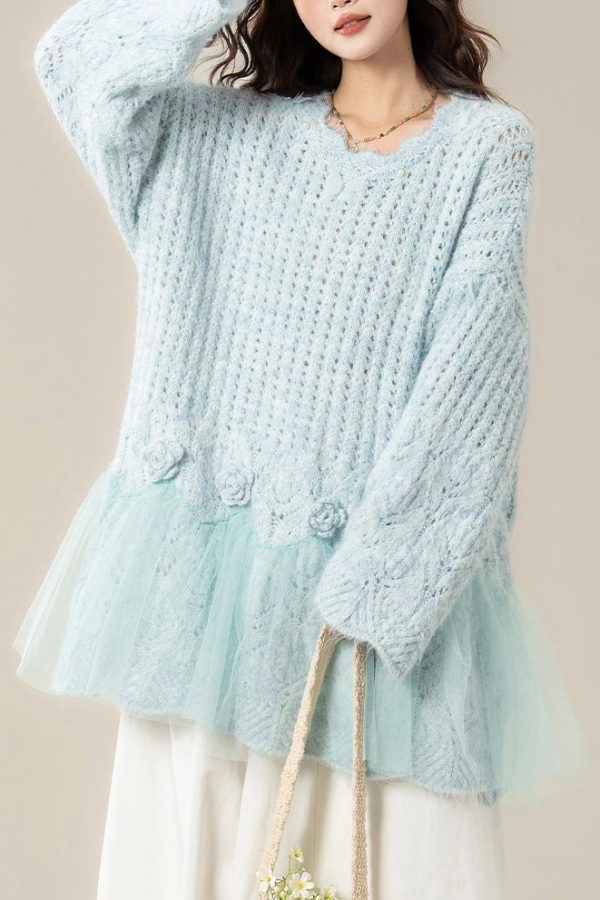 Chic Light Blue Hollow Out Butterfly Tulle Patchwork Knit Sweater Spring