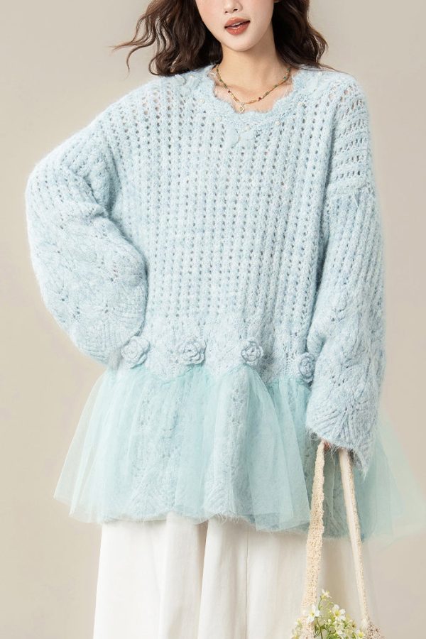 Chic Light Blue Hollow Out Butterfly Tulle Patchwork Knit Sweater Spring