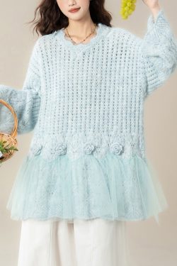 Chic Light Blue Hollow Out Butterfly Tulle Patchwork Knit Sweater Spring