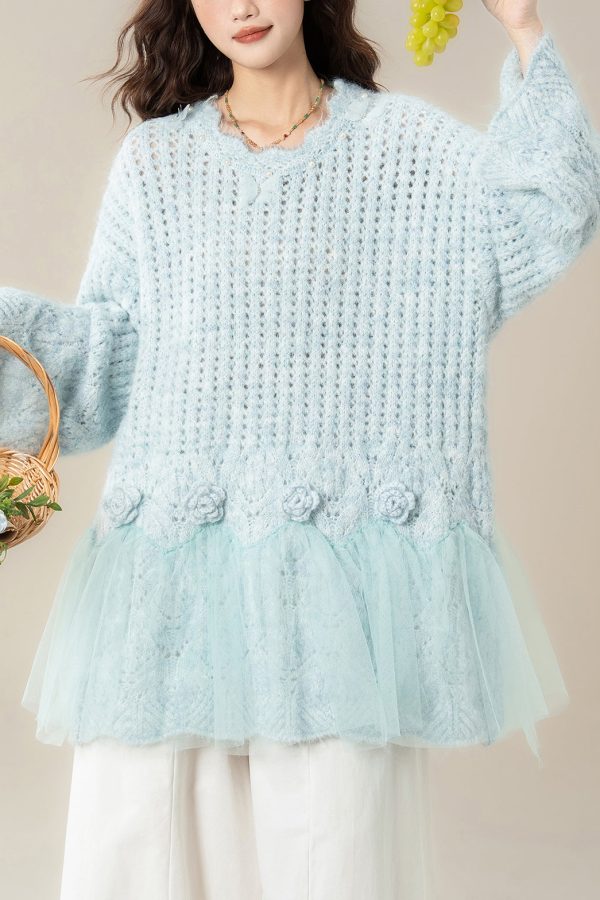 Chic Light Blue Hollow Out Butterfly Tulle Patchwork Knit Sweater Spring