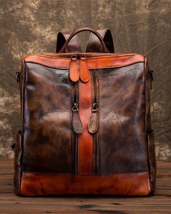 Chic Omychic Casual Travel chocolate Color Matching Leather Backpack